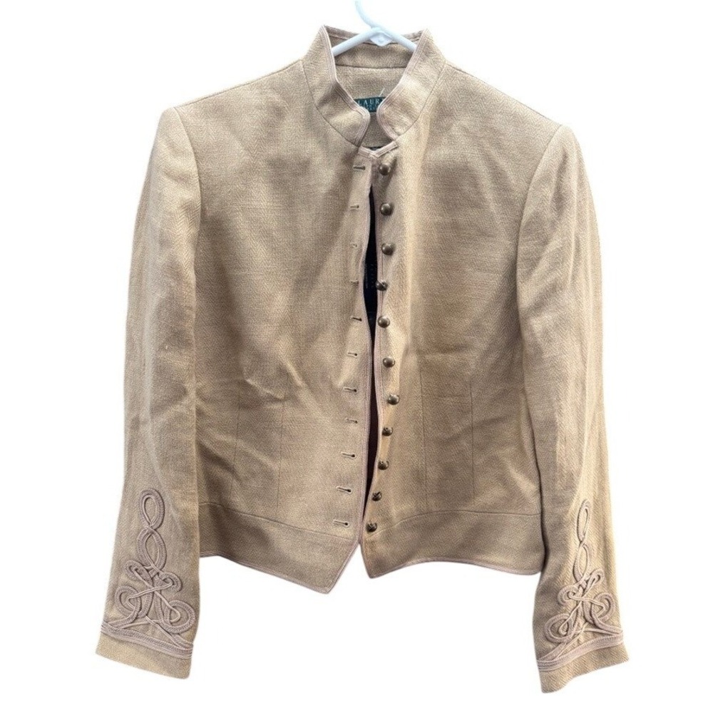 NWT Lauren Ralph Lauren Petite Tan Linen Military Jacket Soutache Cuffs 12P NEW - Picture 2 of 12